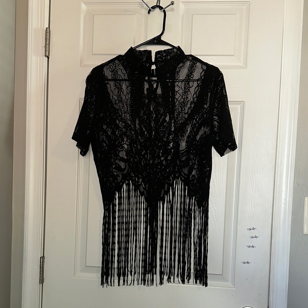 SHEIN Black Lace Top with Fringe